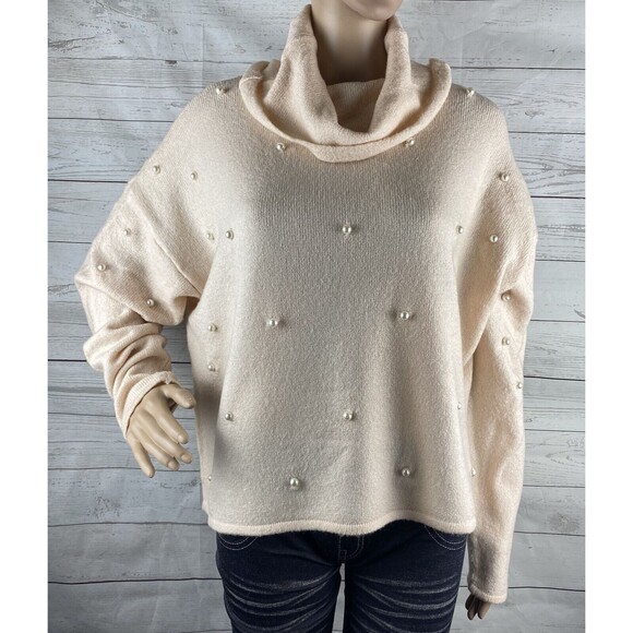 NWT Bongo Cropped Sweater Peachy Pink Faux Pearl Cowl Neck - Picture 1 of 12